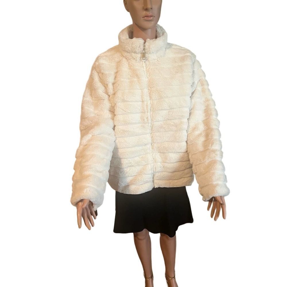 Women's Cream Faux Fur Teddy Jacket with Stand Collar and Zip